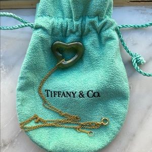 Tiffany & Co. Elsa Peretti Green Jade Open Heart Necklace 17" Gold Chain
